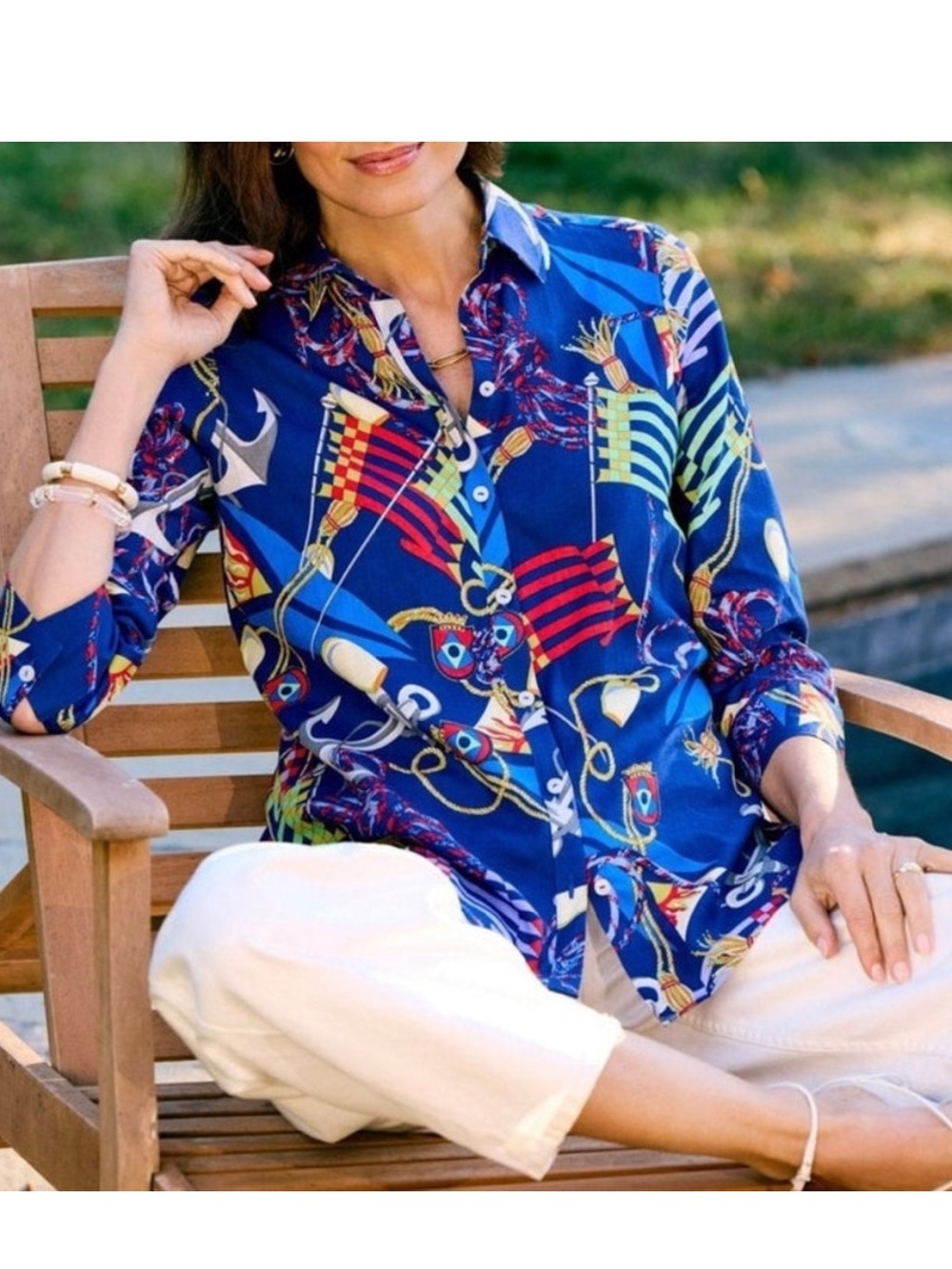 Foxcroft Nautical Linen Button Top Size 16 Coastal Vacation Beach